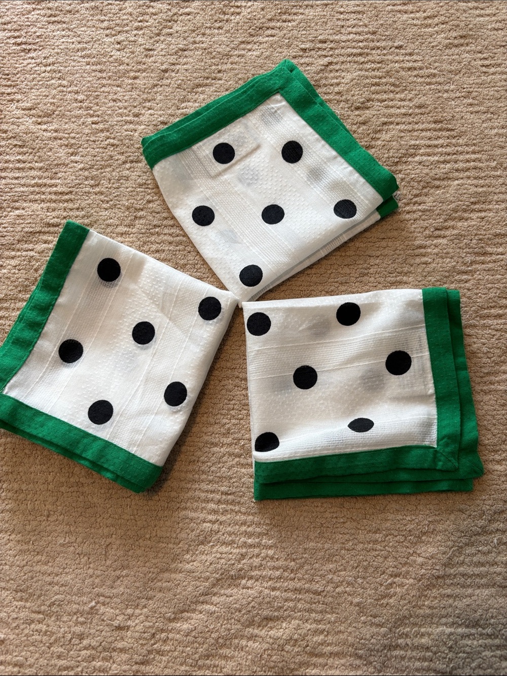 kate spade White Polka Dot Handkerchief with Green Border 3 pcs